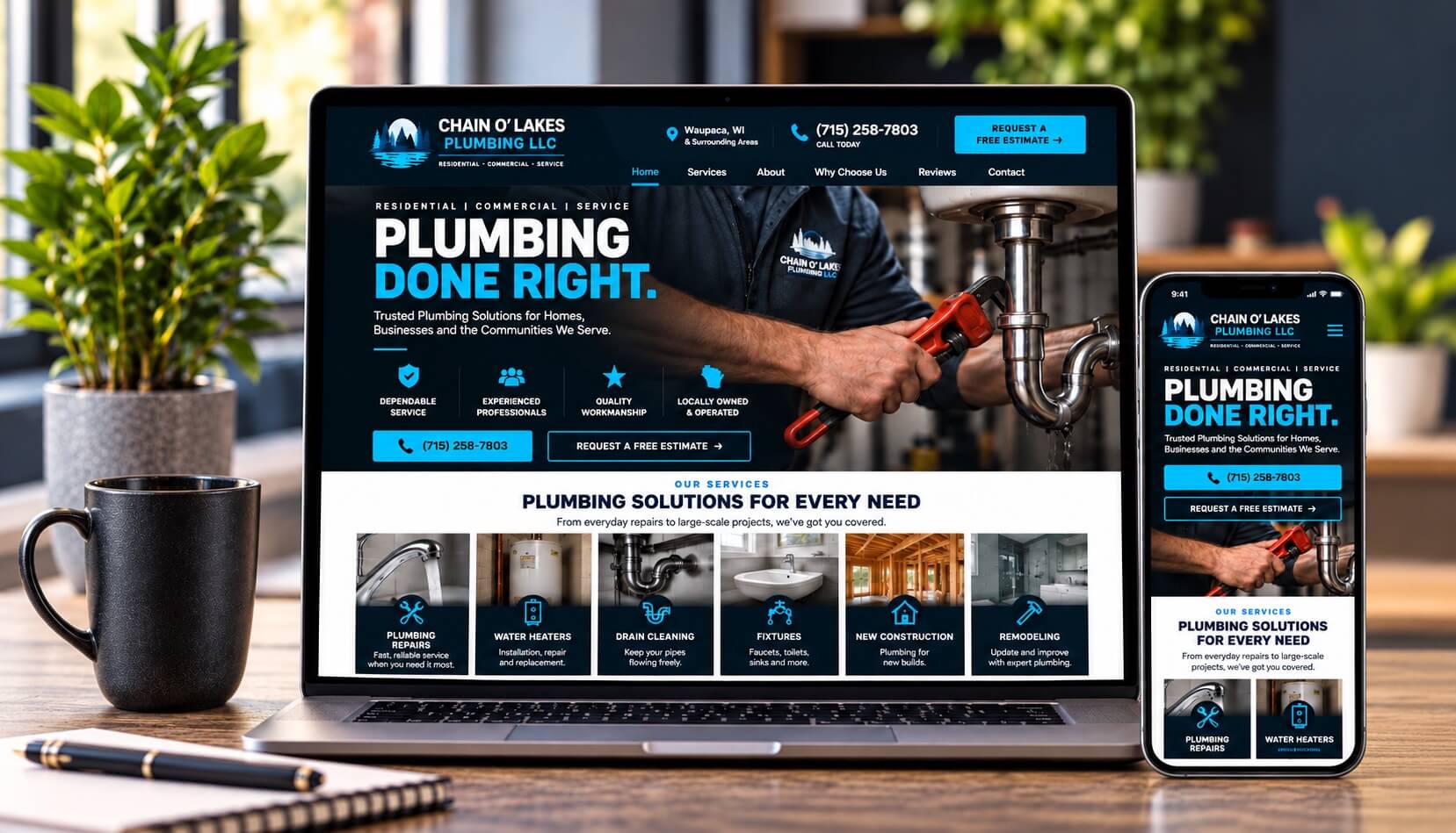 responsive website design displayed on a laptop and mobile phone, featuring residential and commercial plumbing services in Waupaca, Wisconsin.